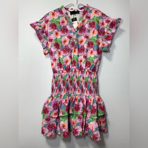 NWT 3rd + fourth Peony Print Smocked Mini Dress with Ruffle Sleeves size L - Picture 4 of 9